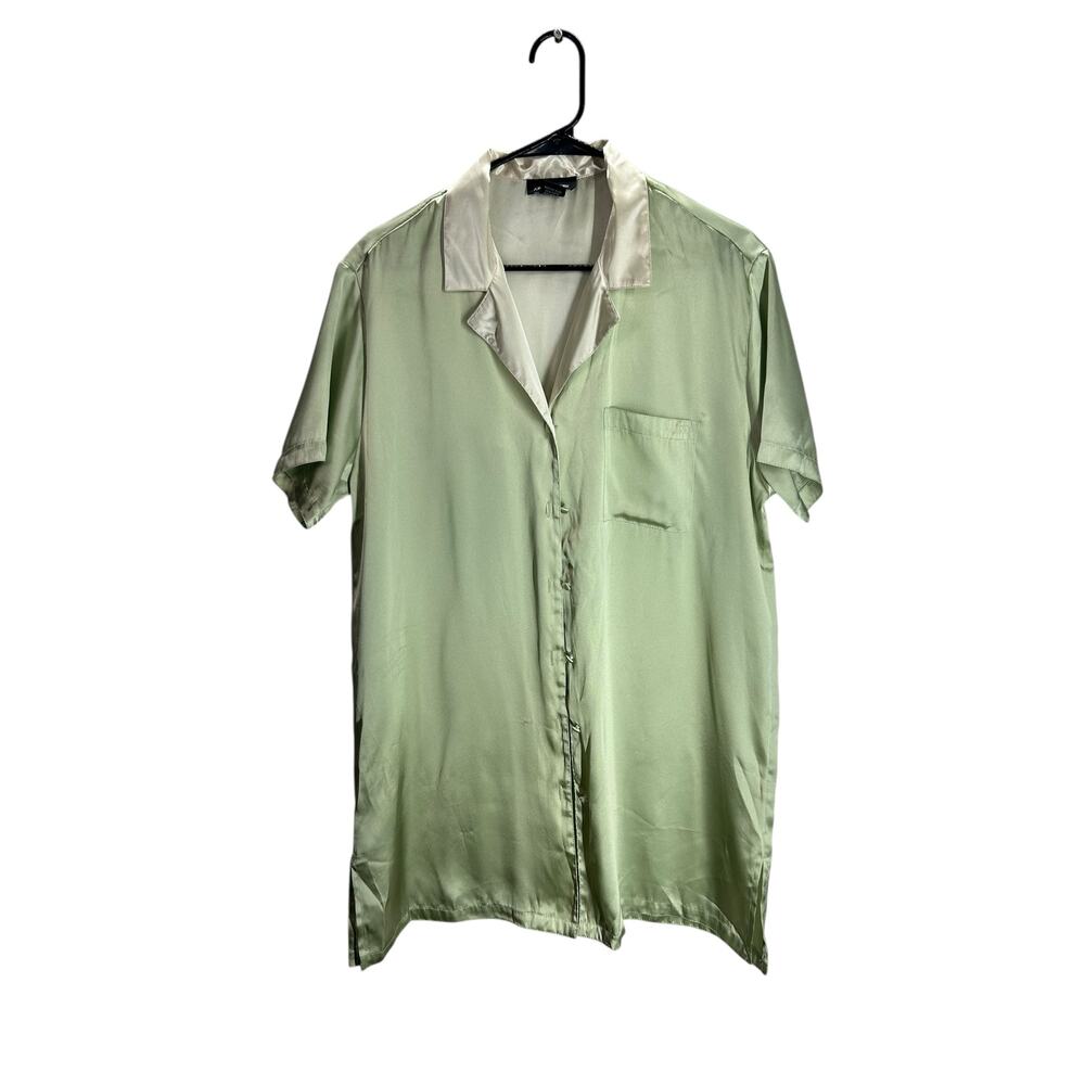 Y2K Green Satin Button Front‎ Shirt Dress L Green Quiet Luxury Minimalist